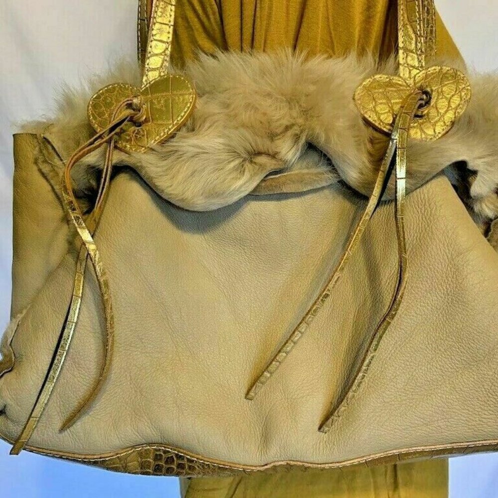 Handmade Women Tan/Gold Made of Natural Leather & Fur Shoulder Bag - Picture 2 of 9